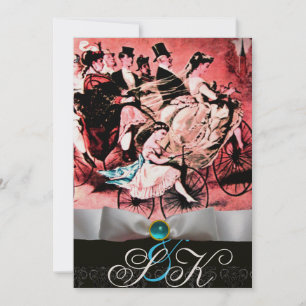WHITE RIBBON AQUA BLUE BLACK DAMASK MONOGRAM INVITATION