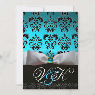 WHITE RIBBON AQUA BLUE BLACK DAMASK MONOGRAM INVITATION
