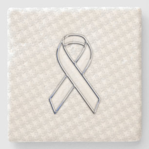 White Ribbon Awareness Applique on Houndstooth Stone Coaster