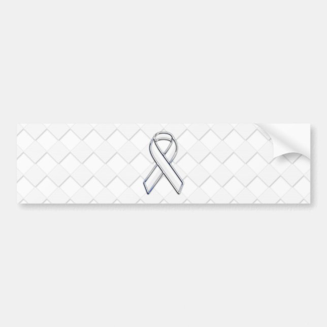 White Ribbon Awareness on Checkers Print Bumper Sticker (Front)