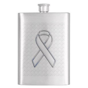 White Ribbon Awareness on Checkers Print Hip Flask