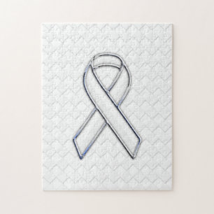 White Ribbon Awareness on Checkers Print Jigsaw Puzzle