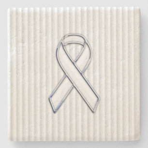 White Ribbon Awareness on Vertical Stripes Stone Coaster