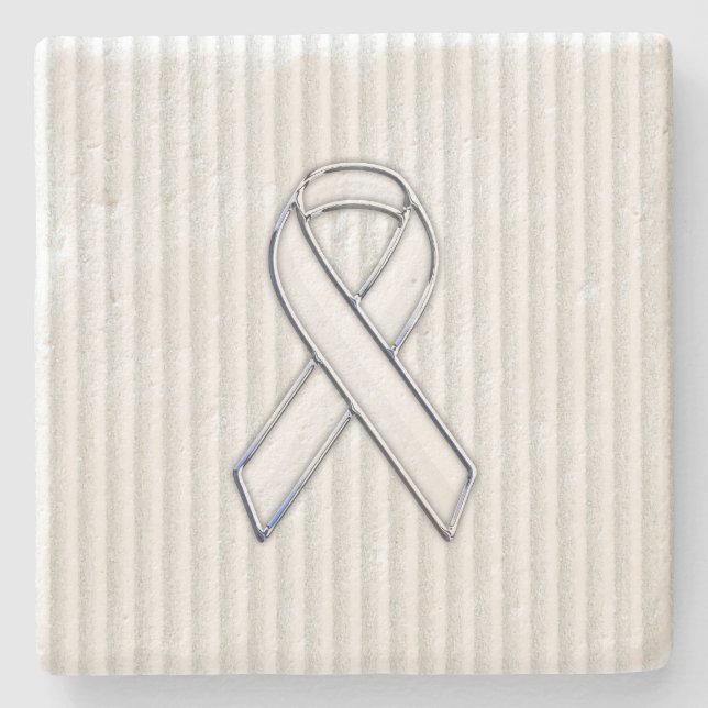 White Ribbon Awareness on Vertical Stripes Stone Coaster (Front)