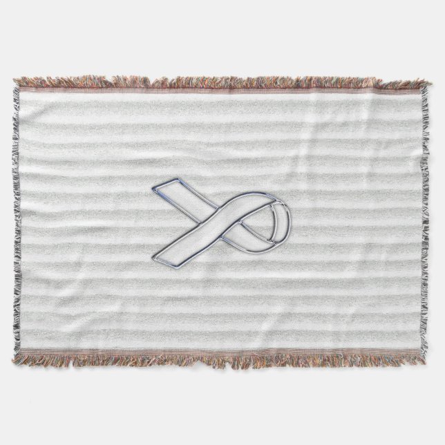 White Ribbon Awareness on Vertical Stripes Throw Blanket (Front)