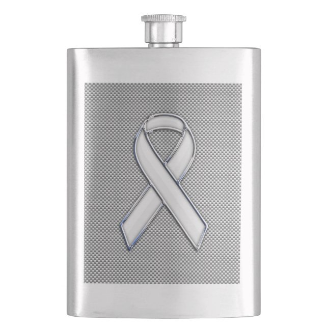 White Ribbon Awareness White Carbon Fibre Print Hip Flask (Front)