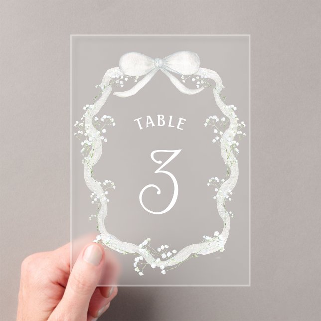 White Ribbon Baby's Breath Acrylic Table Number (Insitu (Handheld))