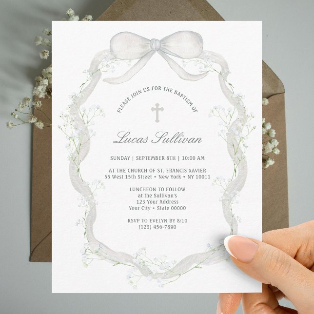 White Ribbon Baby's Breath Baptism Invitation (Creator Uploaded)