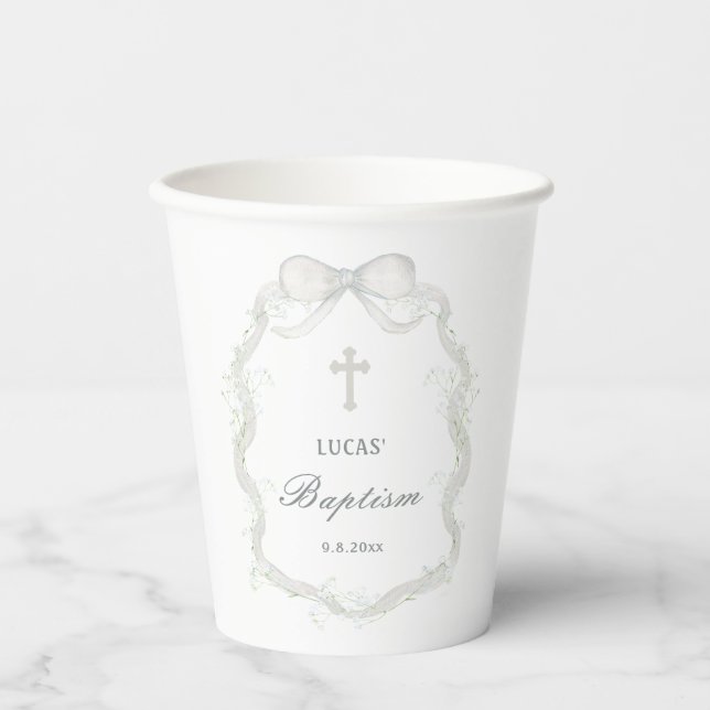 White Ribbon Baby's Breath Baptism Paper Cups (Front)