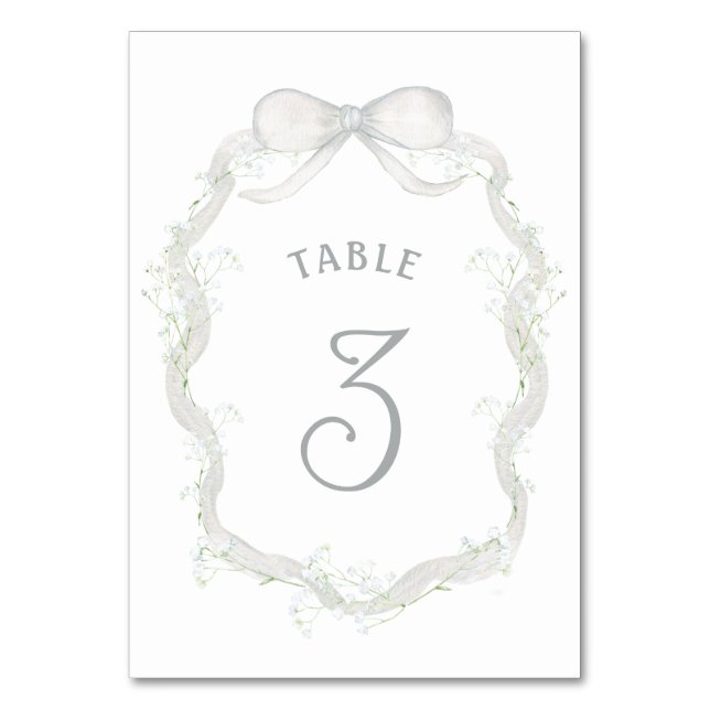 White Ribbon Baby's Breath Table Number (Front)