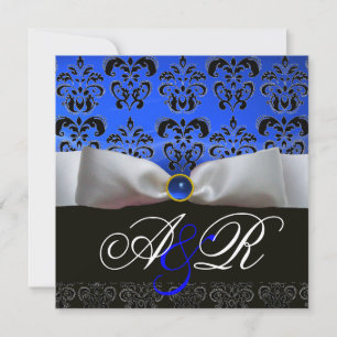 WHITE RIBBON BLUE SAPPHIRE BLACK  DAMASK MONOGRAM INVITATION