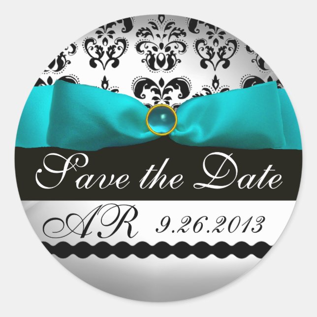 WHITE RIBBON BLUE TURQUASE BLACK  DAMASK MONOGRAM CLASSIC ROUND STICKER (Front)
