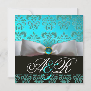 WHITE RIBBON BLUE TURQUASE BLACK  DAMASK MONOGRAM INVITATION