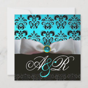 WHITE RIBBON BLUE TURQUASE BLACK DAMASK MONOGRAM INVITATION