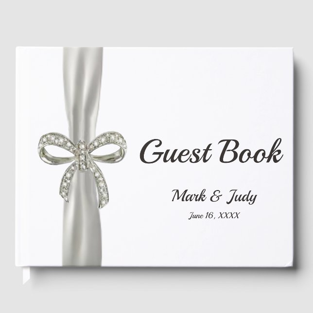 White Ribbon Diamond Bow Wedding Guestbook (Front)