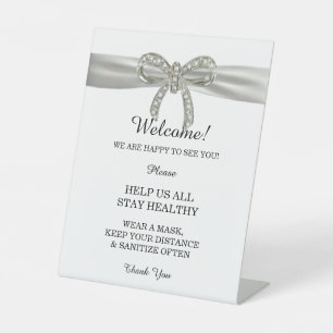 White Ribbon Diamond Bow Wedding Safety  Pedestal Sign