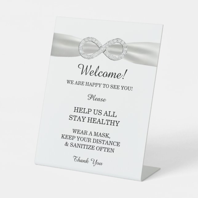White Ribbon Diamond Infinity Wedding Safety Pedestal Sign (Front)