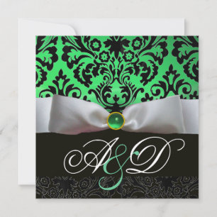 WHITE RIBBON EMERALD GREEN BLACK DAMASK MONOGRAM INVITATION