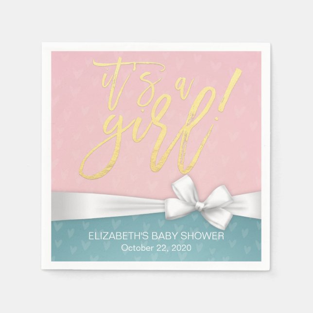 White Ribbon Gold Script Blue Pink Baby Shower Napkin (Front)