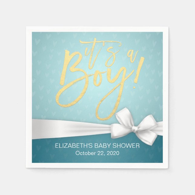 White Ribbon Gold Script Turquoise Baby Shower Napkin (Front)