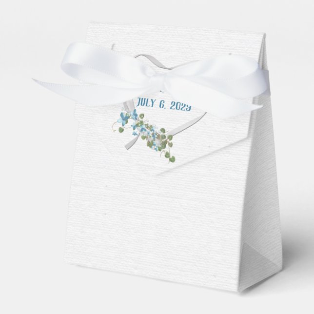 White Ribbon Heart and Aqua Flowers Favour Box (Front Side)