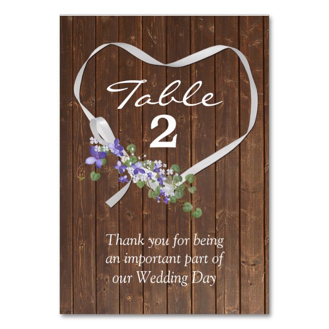 White Ribbon Heart On Barn Wood Table Number (Front)