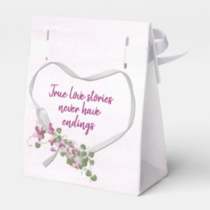 White Ribbon Heart with Pink Flowers Favour Box