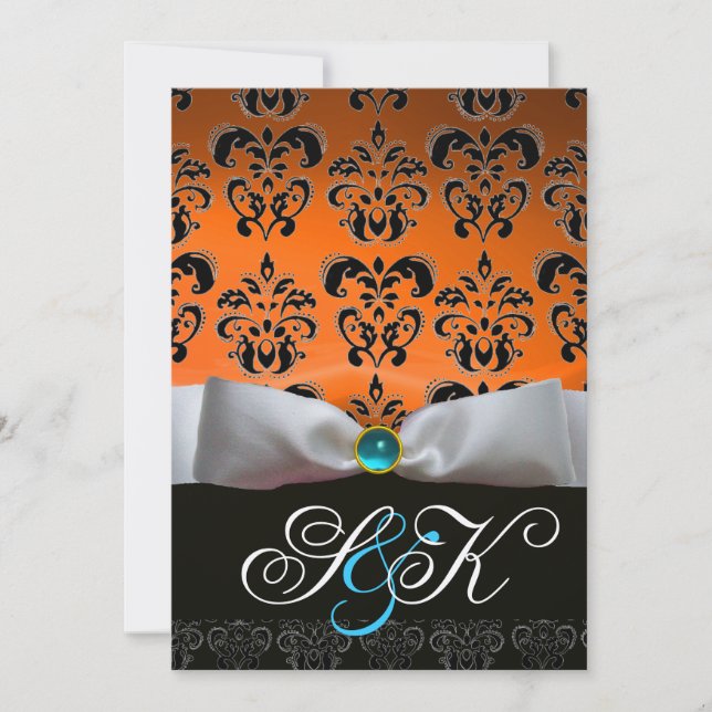 WHITE RIBBON ORANGE BLUE BLACK DAMASK MONOGRAM INVITATION (Front)