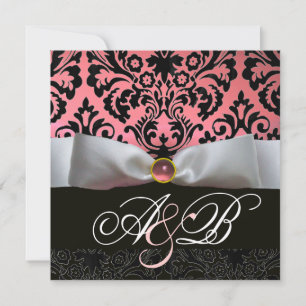WHITE RIBBON PINK BLACK DAMASK MONOGRAM INVITATION