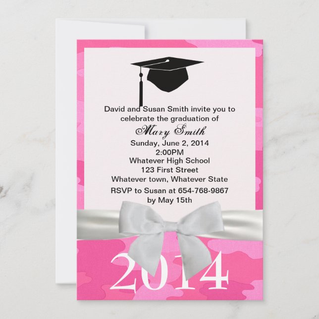 White Ribbon Pink Camouflage Graduation Invitation (Front)