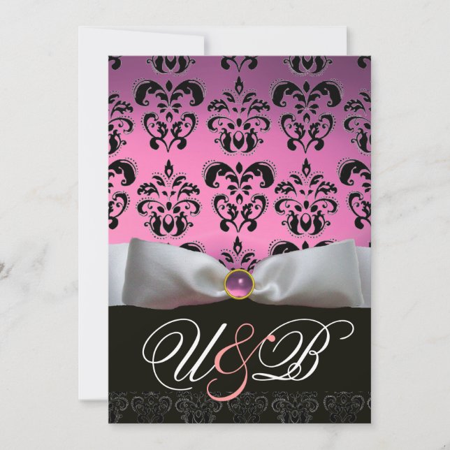 WHITE RIBBON PINK LILAC   BLACK DAMASK MONOGRAM INVITATION (Front)