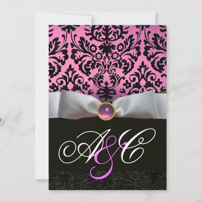 WHITE RIBBON PINK LILAC  BLACK  DAMASK MONOGRAM INVITATION (Front)