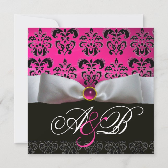 WHITE RIBBON PINK PURPLE BLACK  DAMASK MONOGRAM INVITATION (Front)
