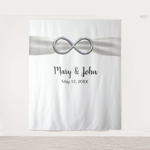 White Ribbon Silver Infinity Wedding Backdrop Tapestry