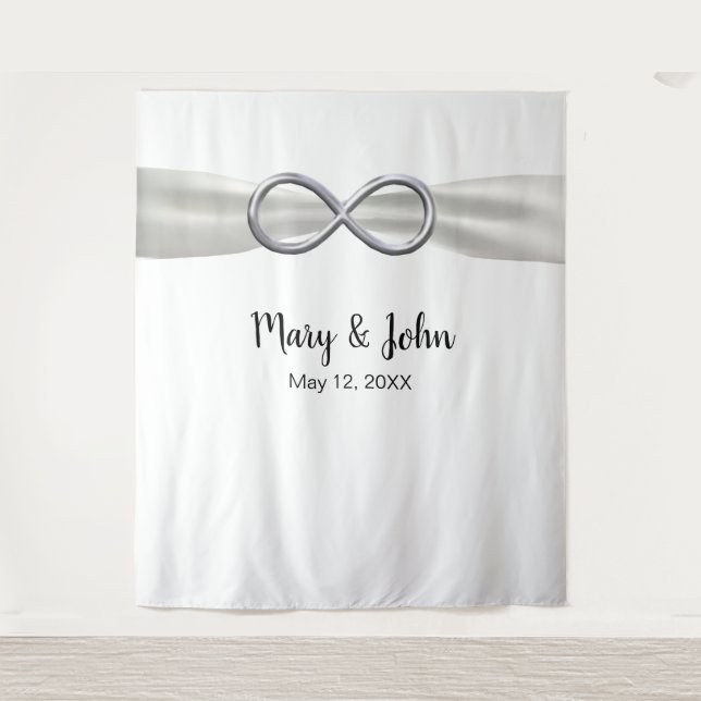 White Ribbon Silver Infinity Wedding Backdrop Tapestry (Front)
