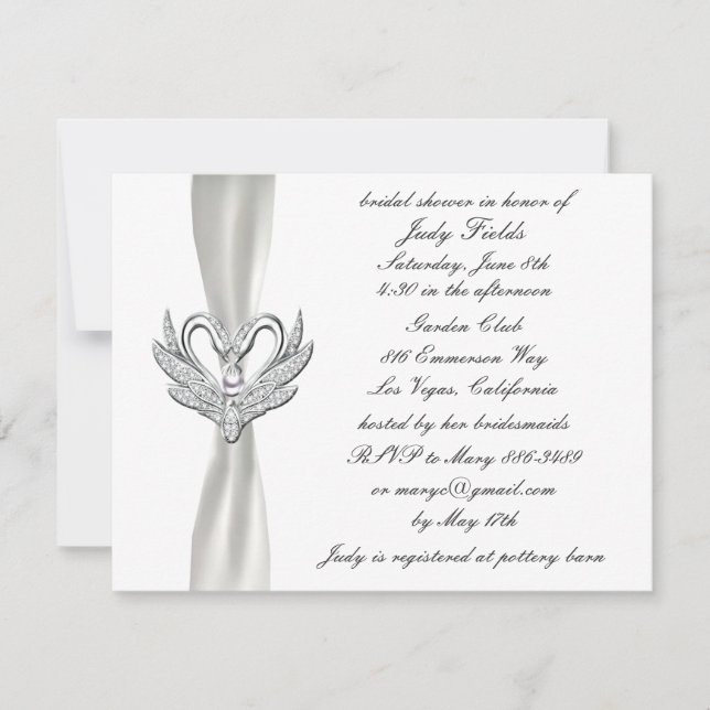 White Ribbon Silver Swans Bridal Shower Invitation (Front)