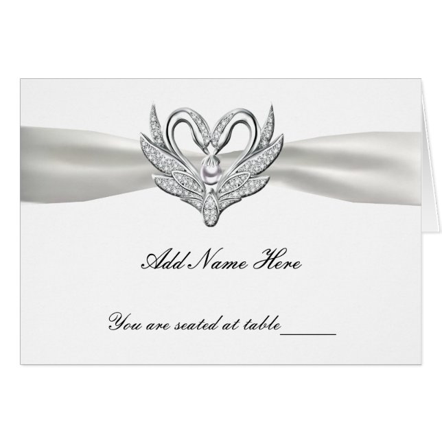 White Ribbon Silver Swans Folded Table Place Card (Front Horizontal)