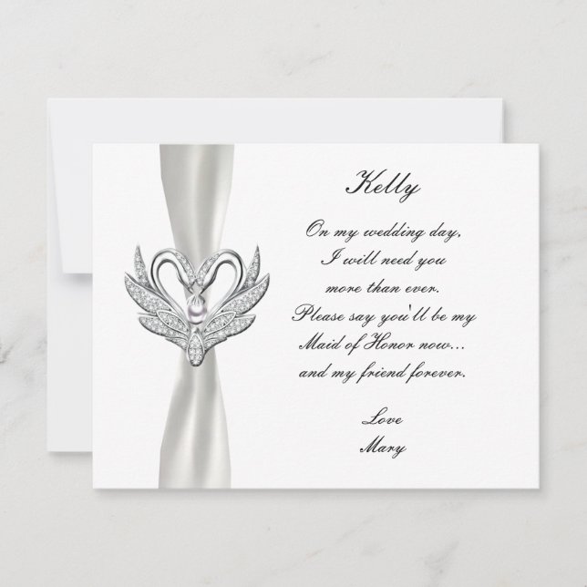 White Ribbon Silver Swans Maid Of Honour Card (Front)