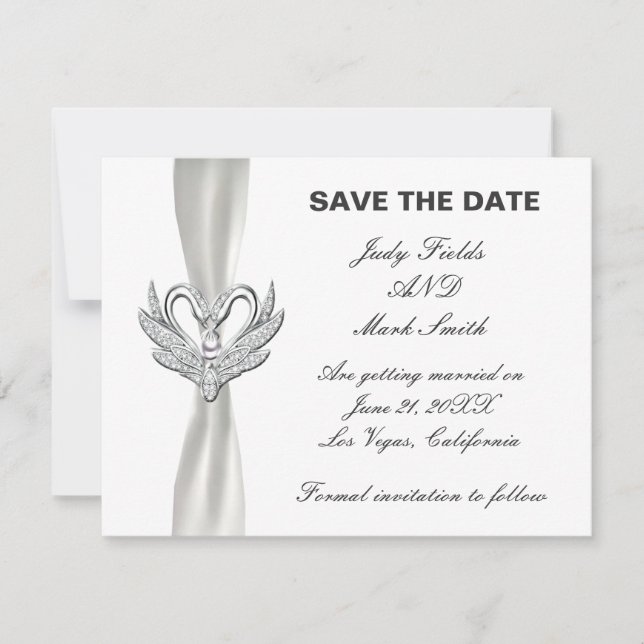 White Ribbon Silver Swans Save The Date Card (Front)