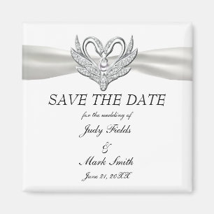 White Ribbon Silver Swans Save The Date Magnet