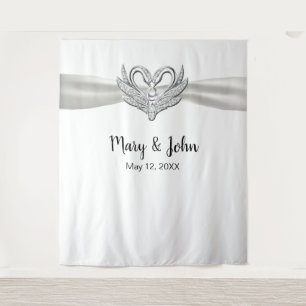 White Ribbon Silver Swans Wedding Backdrop Tapestry