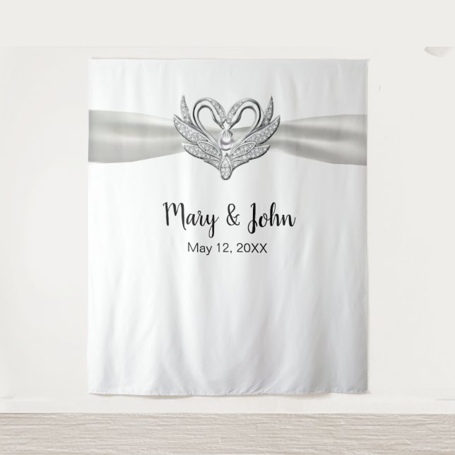 White Ribbon Silver Swans Wedding Backdrop Tapestry (Front)