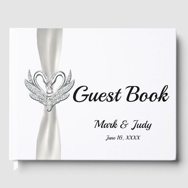 White Ribbon Silver Swans Wedding Guestbook (Front)