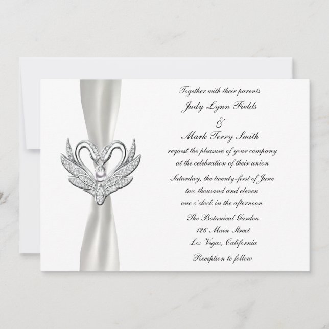 White Ribbon Silver Swans With A Pearl Invitation (Front)