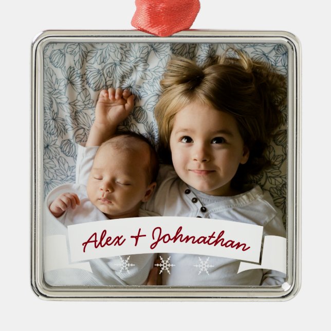 White Ribbon Snowflakes Custom Name Family Photo Metal Tree Decoration (Front)
