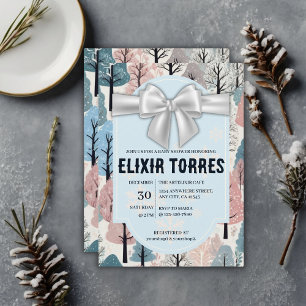 White Ribbon Winter Forest Snowflakes Baby Shower Invitation