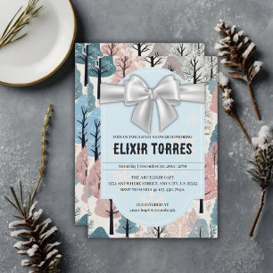 White Ribbon Winter Forest Snowflakes Baby Shower Invitation