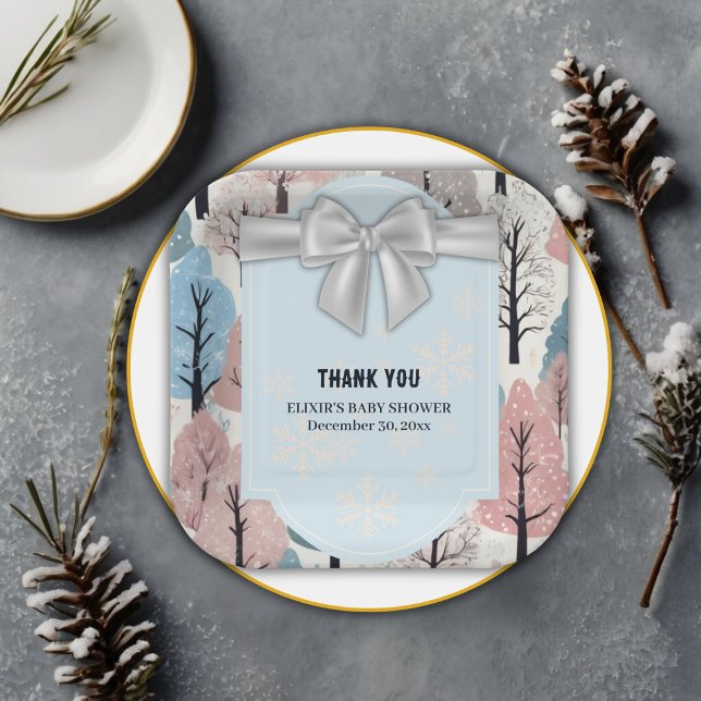 White Ribbon Winter Forest Snowflakes Baby Shower Paper Plate (Creator Uploaded)