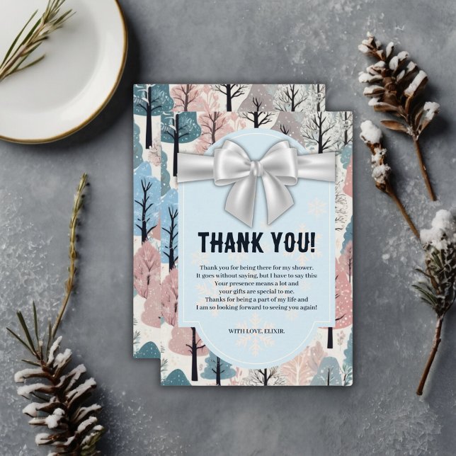 White Ribbon Winter Forest Snowflakes Baby Shower Thank You Card (Creator Uploaded)