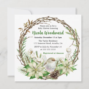White Robin and Poinsettia Wreath Baby Shower Invitation